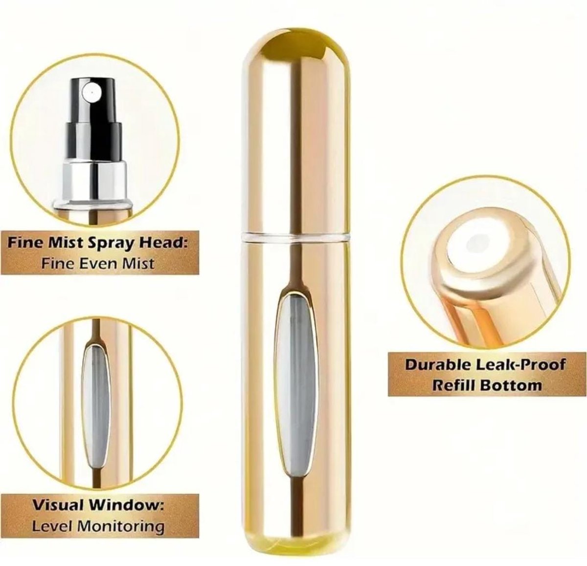 Mini hervulbare parfumflesje - Luxe - In prachtige kleuren - Lekvrij - Praktisch voor op reis - Klein voor handtas of broekzak - 5ml - Mini draagbare navulbare spray - Zeer gemakkelijk te vullen - met verstuiver - . ECOLOGISCH - 1 GOUD/ R 35