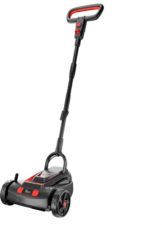 Zwarte grasmaaier met rode accenten en een ergonomische duwboom.