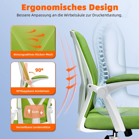Ergonomische bureaustoel met groene mesh rugleuning en zitting, met illustraties van ventilatie, 90 graden armleuningen en lendensteun.