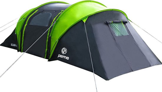 Peme Bojan Koepeltent Tent voor 4 personen, Zwart en groen, 2 ingangen, 2 slaapruimtes, waterdicht, moskitiera, groot voorportaal