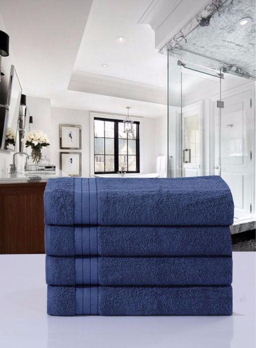 Luxe Katoen Handdoek Denim | 50x100 | Set van 4 | Met Een Geweven Bies