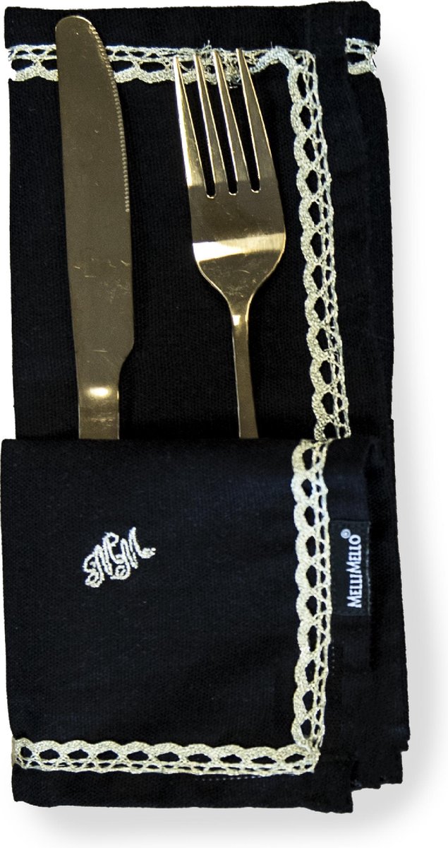 Melli Mello - Servetten Zwart 2 Stuks - Katoen - 42x42 cm - Gouden Rand - Luxe Design