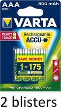 8 stuks(2 blisters a 4 stuks) Varta AAA Oplaadbare Batterijen - 800mAh