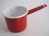Emaille steelpan met maataanduiding en schenktuitje -  Ø 12 cm - 1 liter -  rood gespikkeld