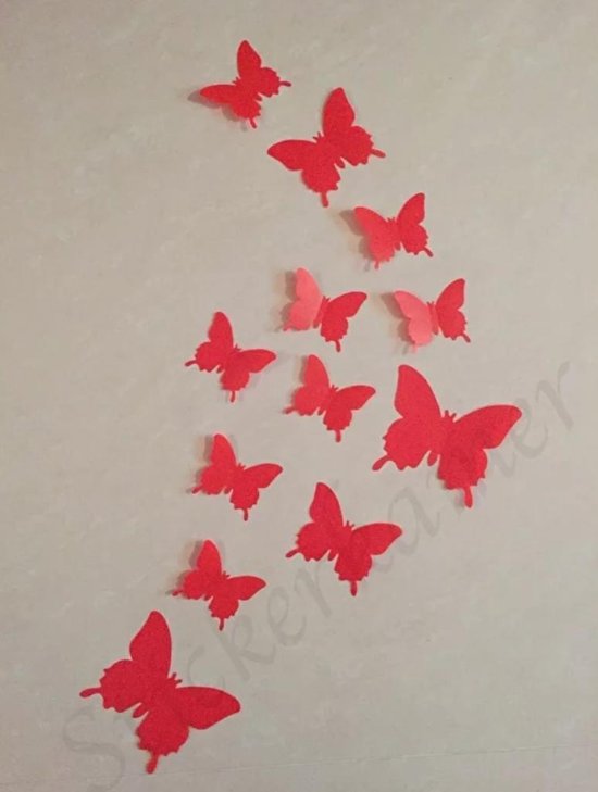 24 stuks 3d vlinders rood pvc / wanddecoratie vlinders / stickerkamer.nl