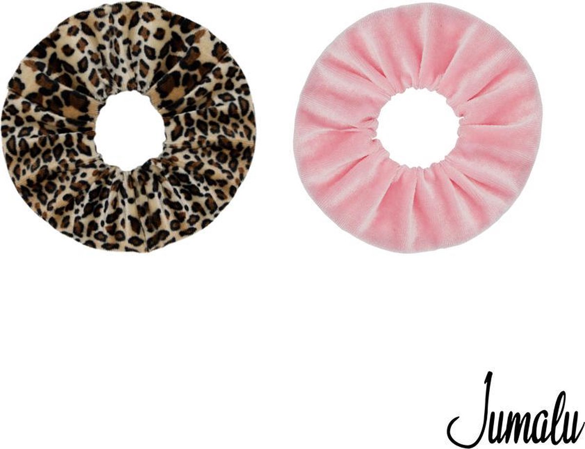 Jumalu scrunchie velvet haarwokkel haarelastiekjes - lichtroze en tijgerprint - 2 stuks