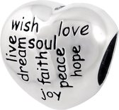 Hartjes bead met tekst Hart love live joy faith people dream | Zilverana | Bedel | Sterling 925 Silver (Echt zilver) | Past op vele merken | Nikkelvrij