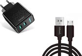DrPhone Kevlar Pro® - 3 Meter TPE Micro-USB Kabel + 2 Poorten Thuislader - Voor apparaten met Micro USB aansluiting - Zwart