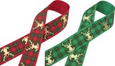 Set Kerstlinten Rendier 25mm (2,5cm) | Luxe Grosgrain Lint Ripsband | Kerstlint Hert Rood Groen Goud | Cadeaulint | Set: 2 x 3 Meter