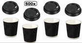 500x Koffiebeker dubbelwandig 177ml zwart + deksel zwart