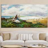 Allernieuwste Canvas Schilderij Claude Monet Schilderen aan het Strand - Kunst - Impressionisme - Reproductie - 50 x 100cm - Kleur