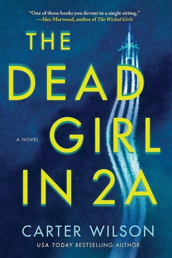 Boekcover met de titel "The Dead Girl in 2A" en een vliegtuigstreep tegen een blauwe achtergrond.