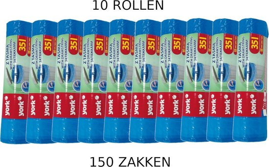 Afvalzakken met trekband | 35 Liter | 10 rollen = 150 zakken | Voordeelverpakking | 50 x 60cm | Extra sterk 15µm | Vuilniszakken