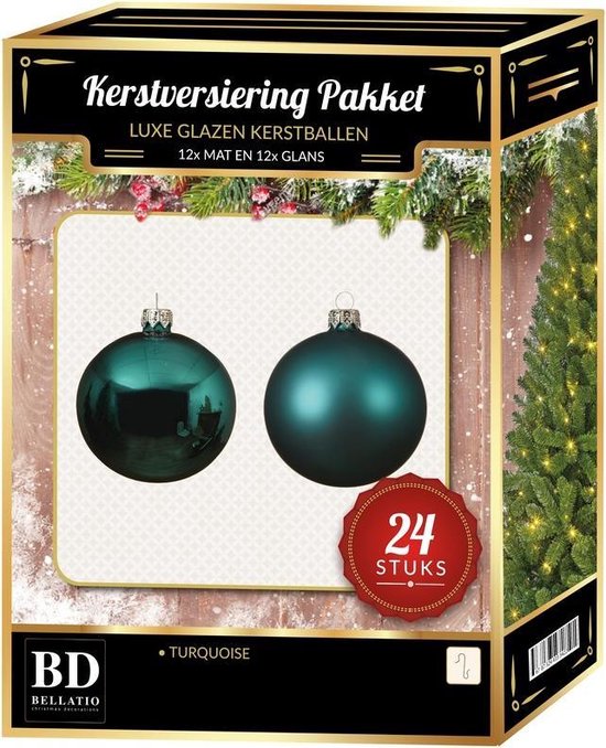 24 Stuks mix glazen Kerstballen pakket turquoise blauw 6 cm