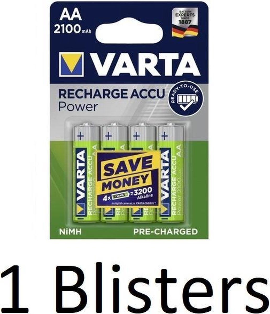 4 Stuks (1 Blister a 4 st) Varta Oplaadbare Batterij Recharge Accu Power AA 2100mAh