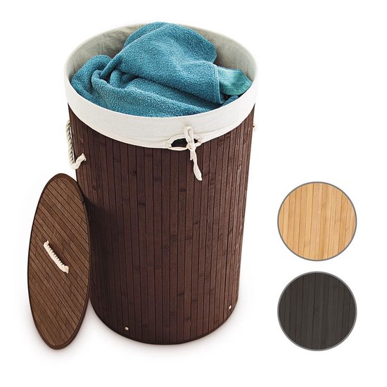 Relaxdays wasmand bamboe - wasbox met deksel - liter - rond - x cm crème | bol.com