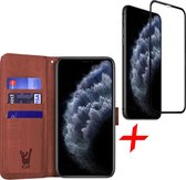 Hoesje geschikt voor iPhone 11 Pro Max - Bruin Book Cover Leer Wallet + Screenprotector Glas FullGuard