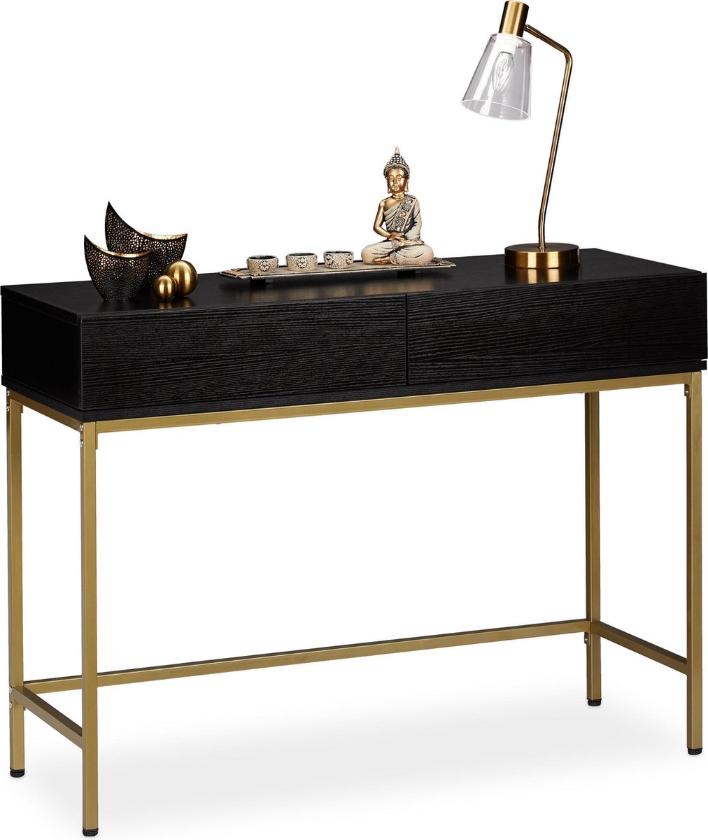 relaxdays sidetable zwart wandtafel met lades gouden frame