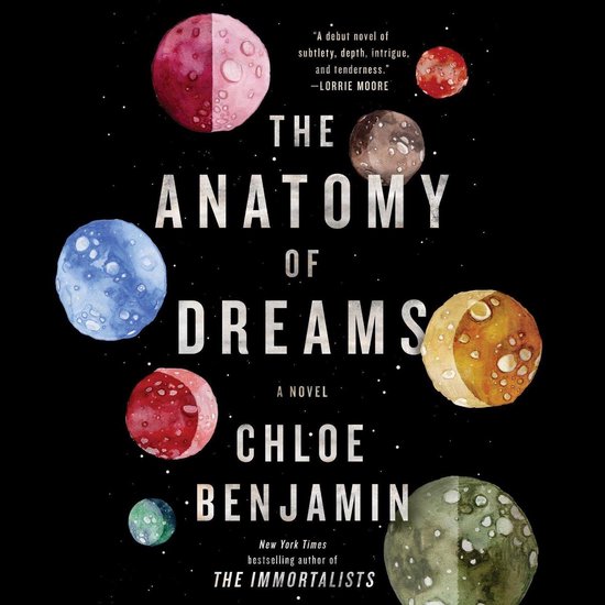 Boekomslag van 'The Anatomy of Dreams' met de titel in grote letters, omringd door planeten van waterverf.