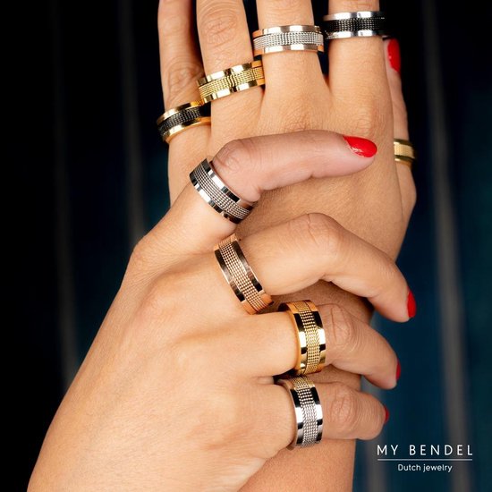 My Bendel - Mooie brede ring- goud - Brede ring goud van edelstaal met  zwart geweven... | bol.com