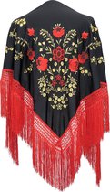 Spaanse manton  - omslagdoek - zwart rood goud Large met rode franjes bij verkleedkleding of flamenco jurk