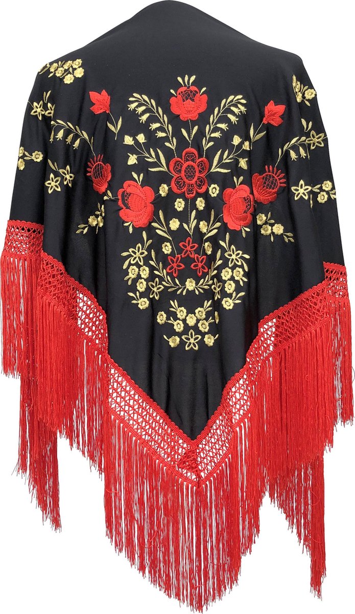 La Señorita - Spaanse manton - omslagdoek - zwart rood goud Large met rode franjes