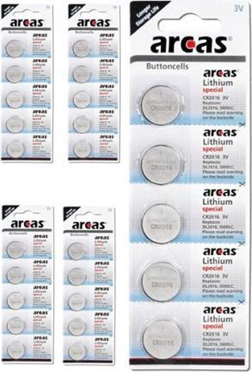 5-Pack Arcas CR2016 3v lithium knoopcelbatterij - 25 Stuks (5 Blisters a 5St)
