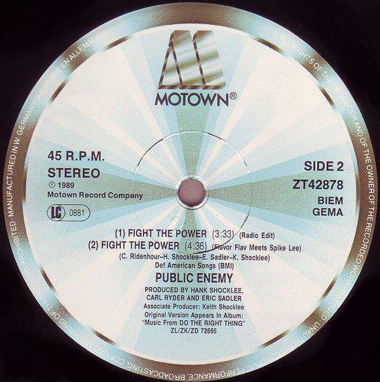 Motown platenlabel met de titel "Fight The Power" van Public Enemy.