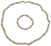 Zoetwater parel set Pearl Soft Colors Small - parelketting + parel armband - echte parels - wit zalm - roze - zilver