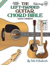 Boekomslag met "The Left-Handed Guitar Chord Bible" en afbeeldingen van gitaren en akkoordschema's.