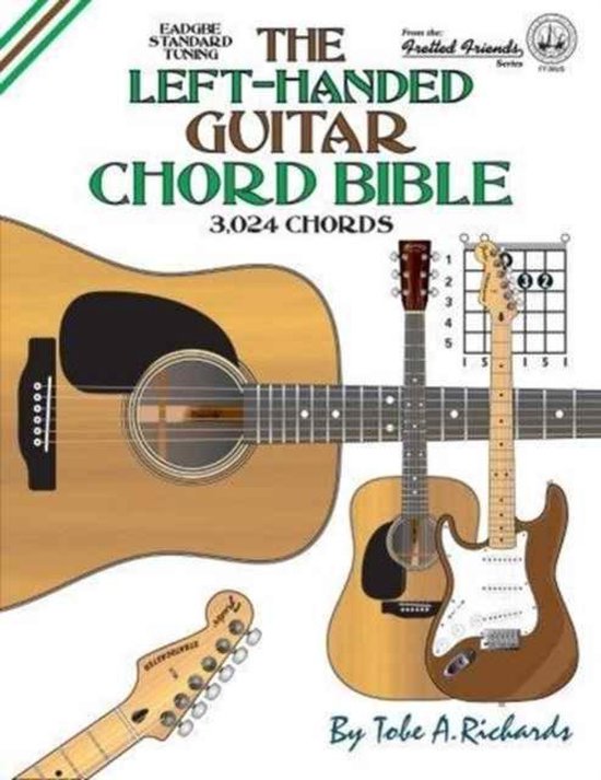 Boekomslag met "The Left-Handed Guitar Chord Bible" en afbeeldingen van gitaren en akkoordschema's.