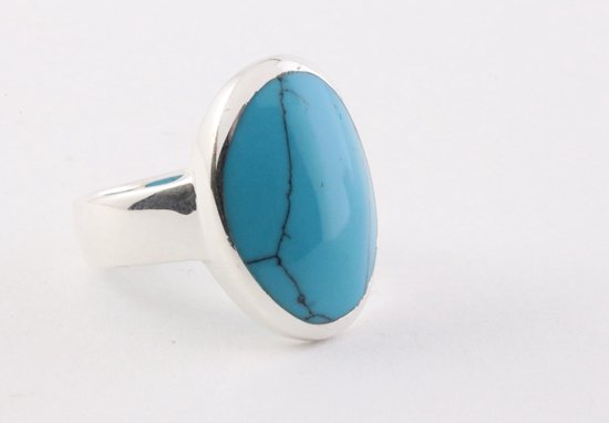 Ovale zilveren ring met blauwe turkoois - maat 17.5