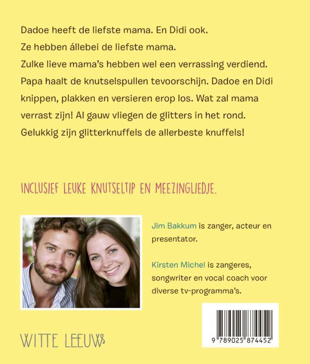 Achterkant van een kinderboek met tekst en een foto van Jim Bakkum en Kirsten Michel.