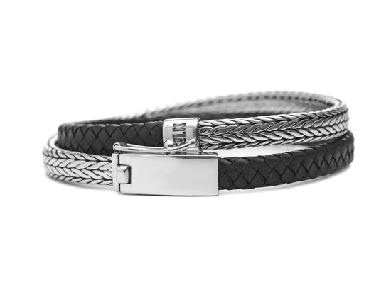 SILK Jewellery - Zilveren Wikkelarmband - Alpha - zwart leer