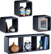 relaxdays wandbox kubus - Set van 4 stuks - wandboard hout - wandplank MDF - vrij zwevend zwart