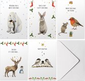 Set van 10 stuks vrolijke kerstkaarten met enveloppen - Engelse tekst- 5 winterdieren handgeschilderd - dubbele kaart met vouw op mooi ECO papier - A6 formaat