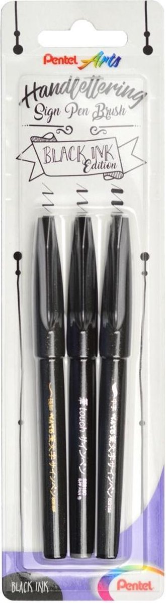Pentel Handlettering Sign Pen Brush - Black Ink Edition - Set van 3 verpakt in een handige Zipperbag + Handlettering Doe je Zo! Werkboek