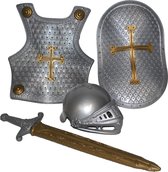 Accessoireset ridder 4-delig zilver (helm, borstschild, zwaard, schild)