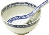 Chinese Rijstkom met lepel - Porselein - Ø 11,5 cm - Traditioneel - Wit/Blauw