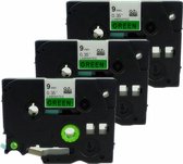 3x Labeltape voor Brother TZe-721 9mm / Zwart op groen / 9mm x 8m / Compatibele met TZ-721 voor Brother P-Touch 1000