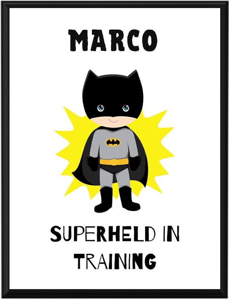 Gepersonaliseerde poster babykamer of kinderkamer, poster met naam van kind, gepersonaliseerd kraamcadeau. Inclusief fotolijst ! 30x42 cm (A3). Superheld in training