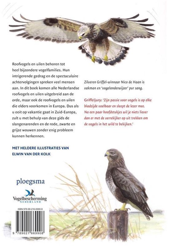 Een vliegende roofvogel met gespreide vleugels boven een zittende roofvogel op een paaltje. Titel en illustraties van Elwin van der Kolk.