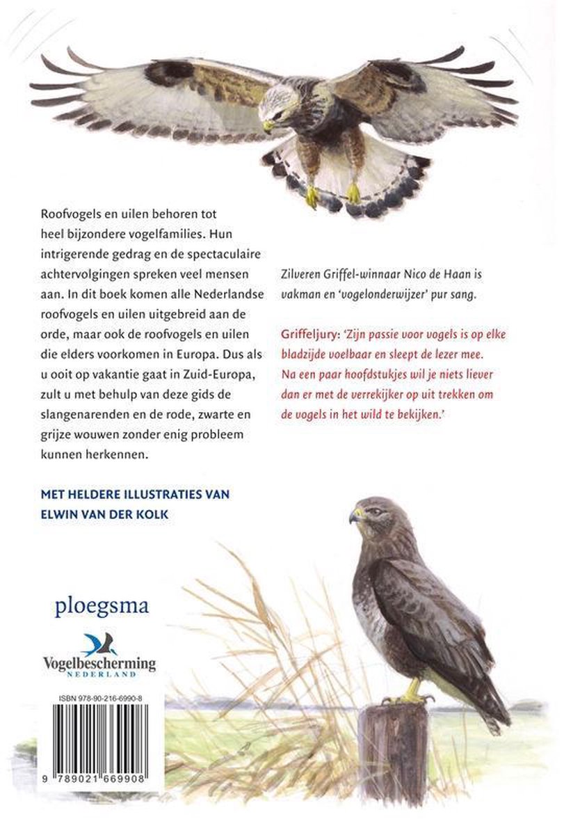 Een vliegende roofvogel met gespreide vleugels boven een zittende roofvogel op een paaltje. Titel en illustraties van Elwin van der Kolk.