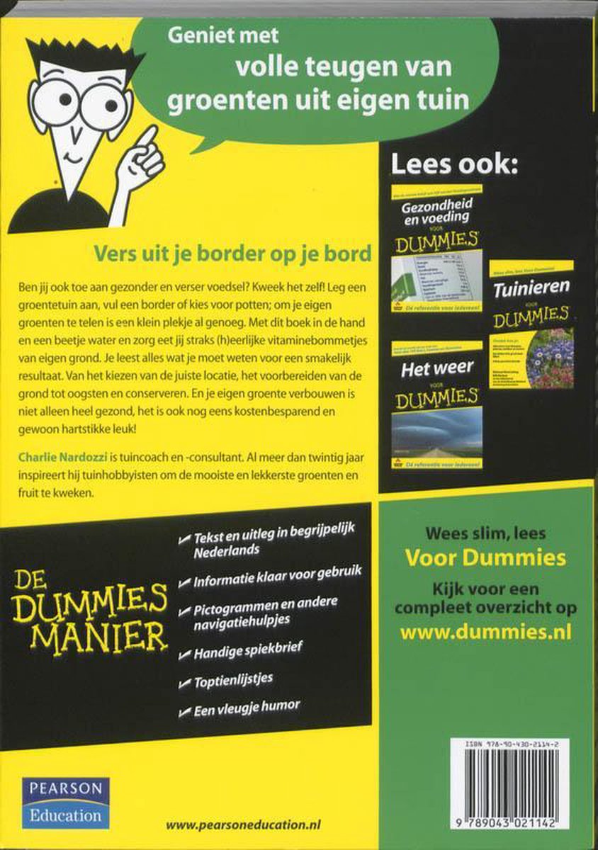 Achterflap van 'Moestuinen Voor Dummies' met een illustratie en tekst over de inhoud.