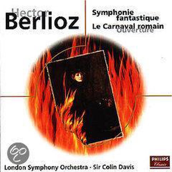 Albumhoes met Berlioz, Symphonie Fantastique, Le Carnaval Romain Ouverture. Gevlamd achtergrond.