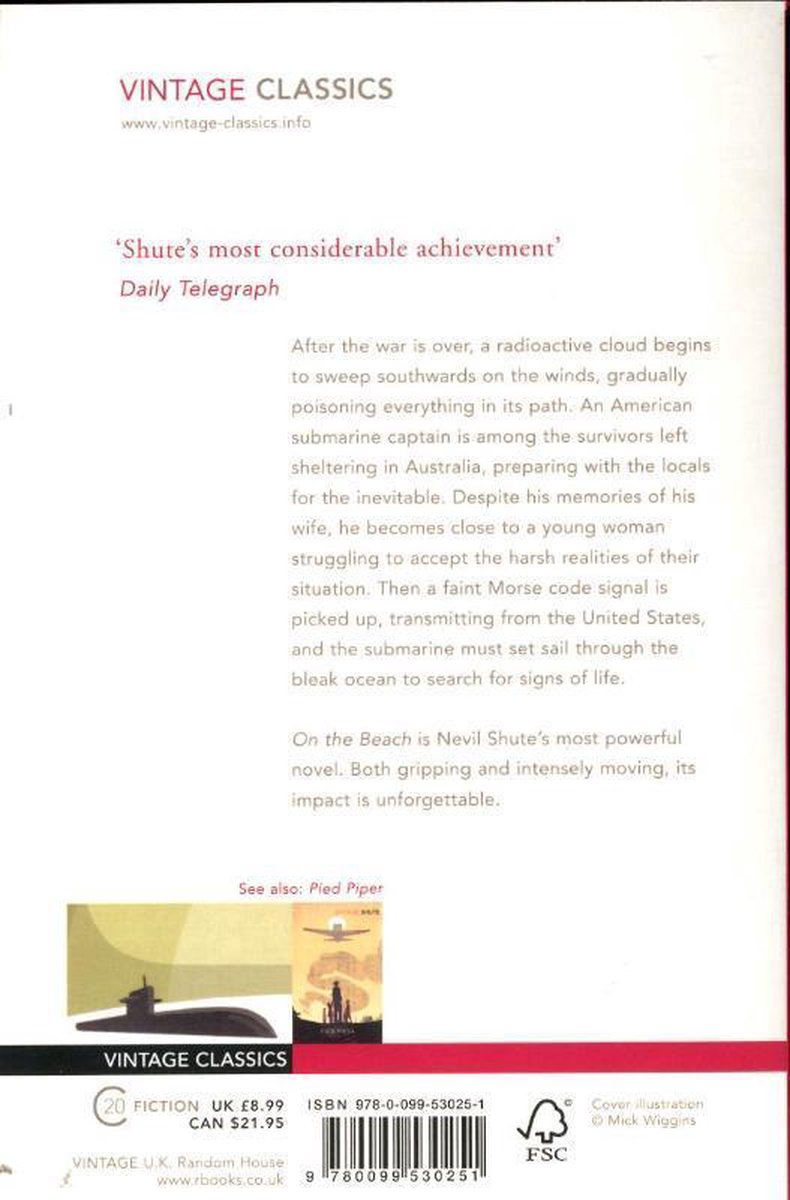 Boekomslag met de tekst 'Shute's most considerable achievement' en een beschrijving van het verhaal 'On the Beach'.