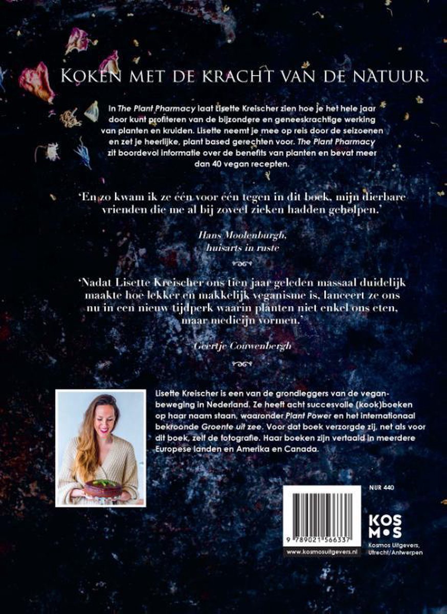 Achterkant boek met foto van Lisette Kreischer, tekst over het boek en veganistische recepten. Prijs en ISBN nummer.