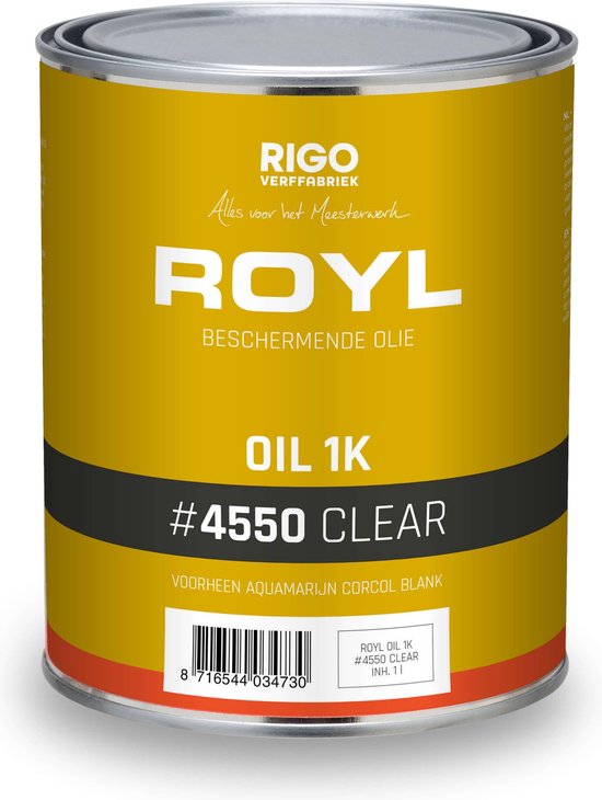 Rode en gele blik RIGO VERFFABRIEK Royl Oil 1K #4550 Clear. Met barcode en tekst.
