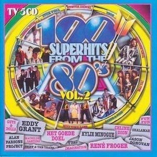 CD-hoes met de titel '100 Superhits From The 80's Vol. 2', met afbeeldingen van artiesten uit de jaren 80.