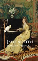 Vrouw in gele jurk speelt piano, met papegaai, 'Jane Austen Pride and Prejudice' in tekst.